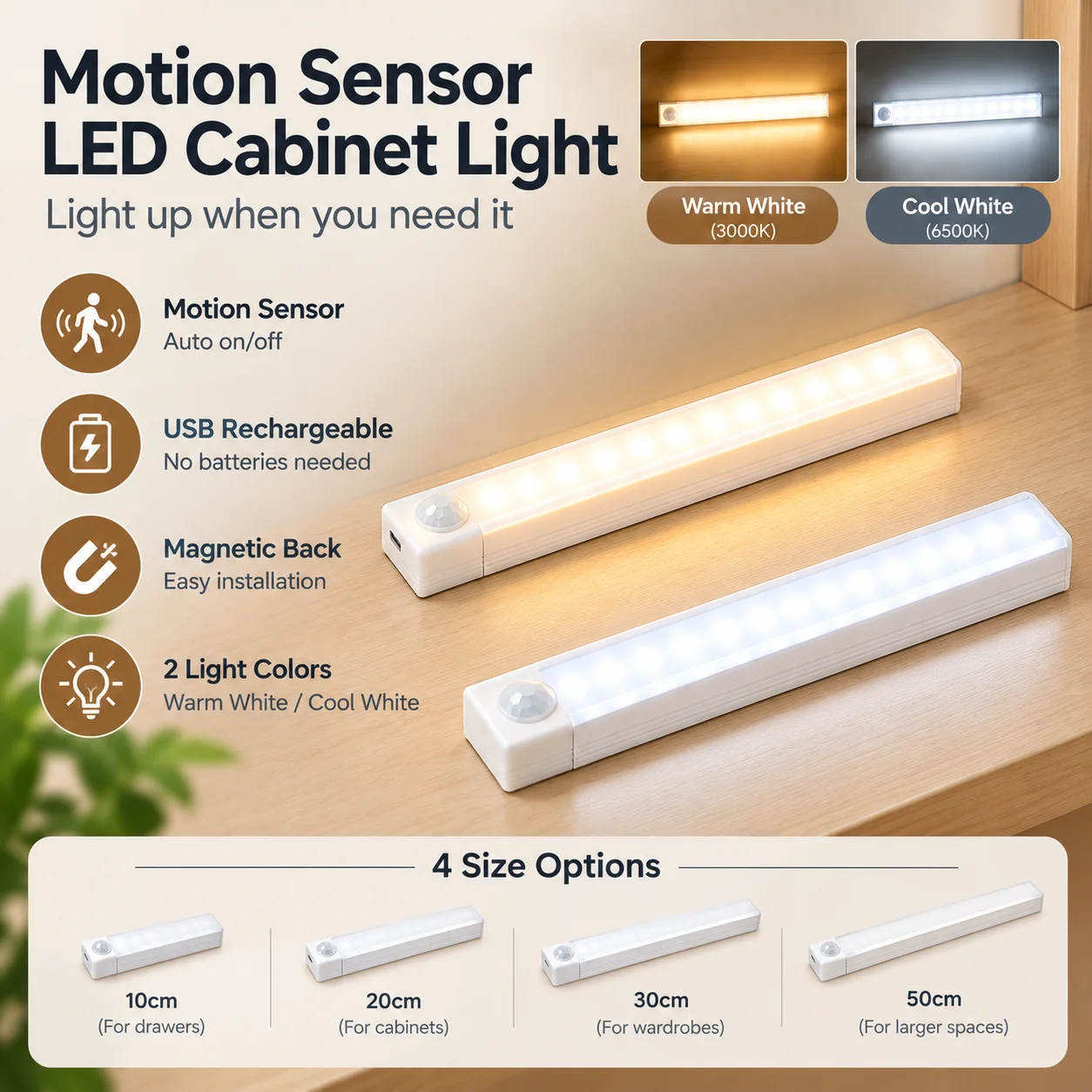 20CM USB Rechargeable Motion Sensor Light Bar Portable LED Night Light for Kitchen Wardrobe Hallway Closet Induction Lighting