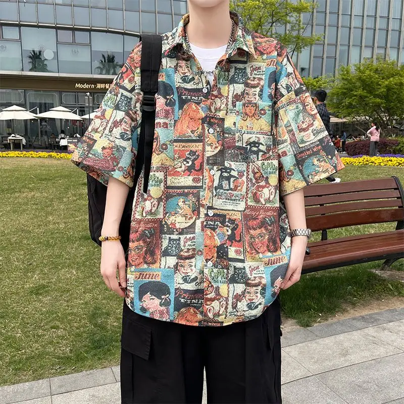 [ Hot-selling in The Store ] Men's Shirts Summer New Seaside Beach Ice Silk Cool Set Loose Quick-drying Tide Brand Large Size