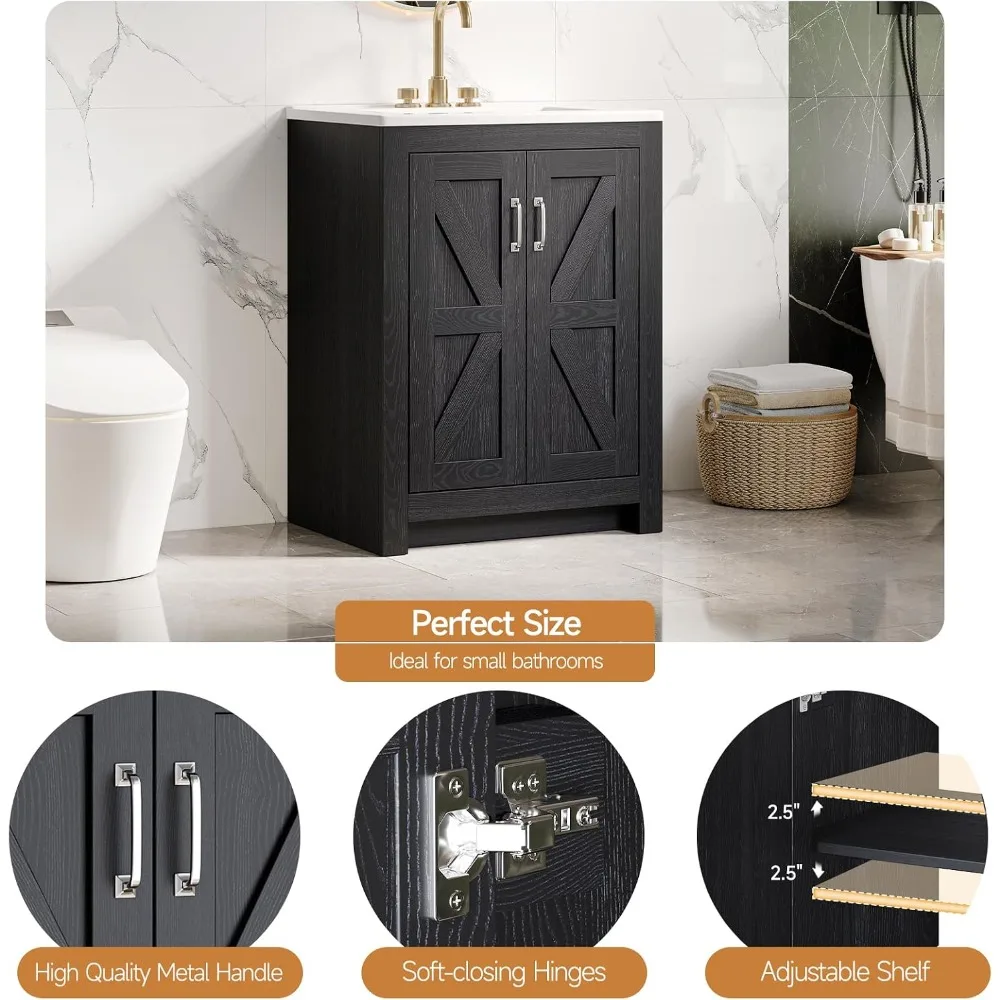 24 Inch Bathroom Vanity with Ceramic Sink, Black Vanity for Modern Bathroom