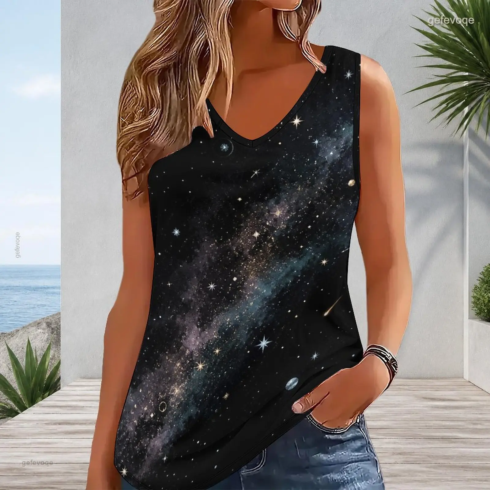 Women V Neck Sleeveless Tank Top Contrast Trim Loose Fit Casual Vest Custom Print Ladies Daily Summer Tops