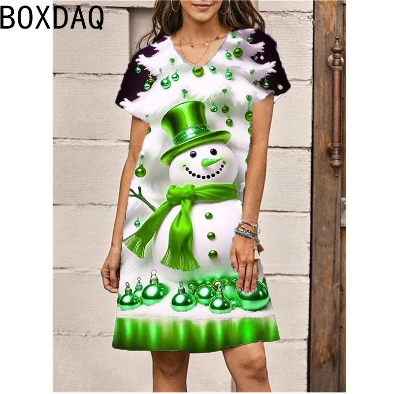 New Women\'s Christmas Dress 3D Cartoon Fun Snowman Print Mini Dress Short Sleeve V-Neck Casual A-Line Dress Vestidos