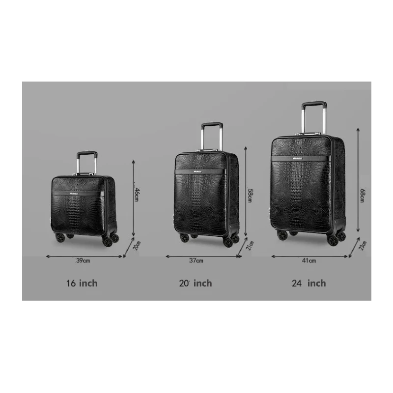 Crocodile Grain retro Suitcases Rolling Luggage Set 24 \'\' Business PU Leather Trolley Luggage 16/20 inch Password Suitcase Black