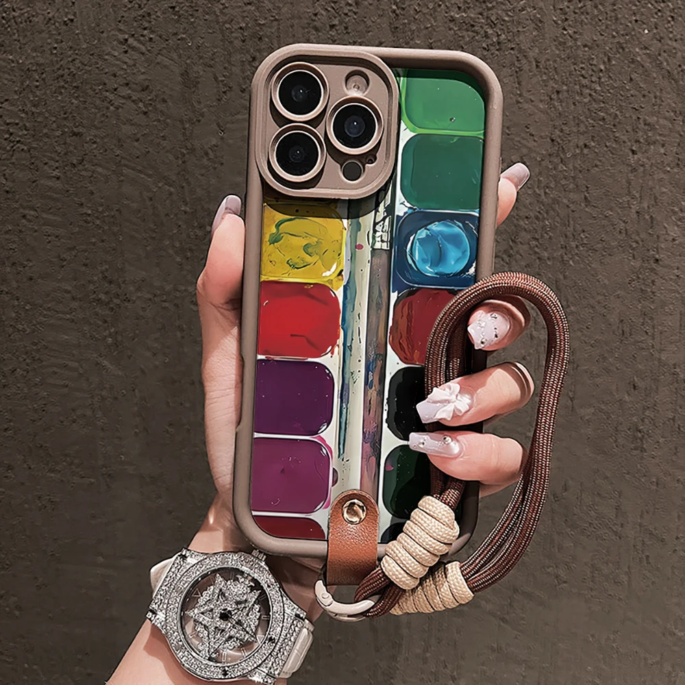 Kreative Kunst-Paletten-Silikon-Handyhülle für iPhone 17 16 17 Pro 15 14 13 12 11 Pro Max 16E 7 8 Plus XR XS mit Lanyard-Abdeckung – Detail 2