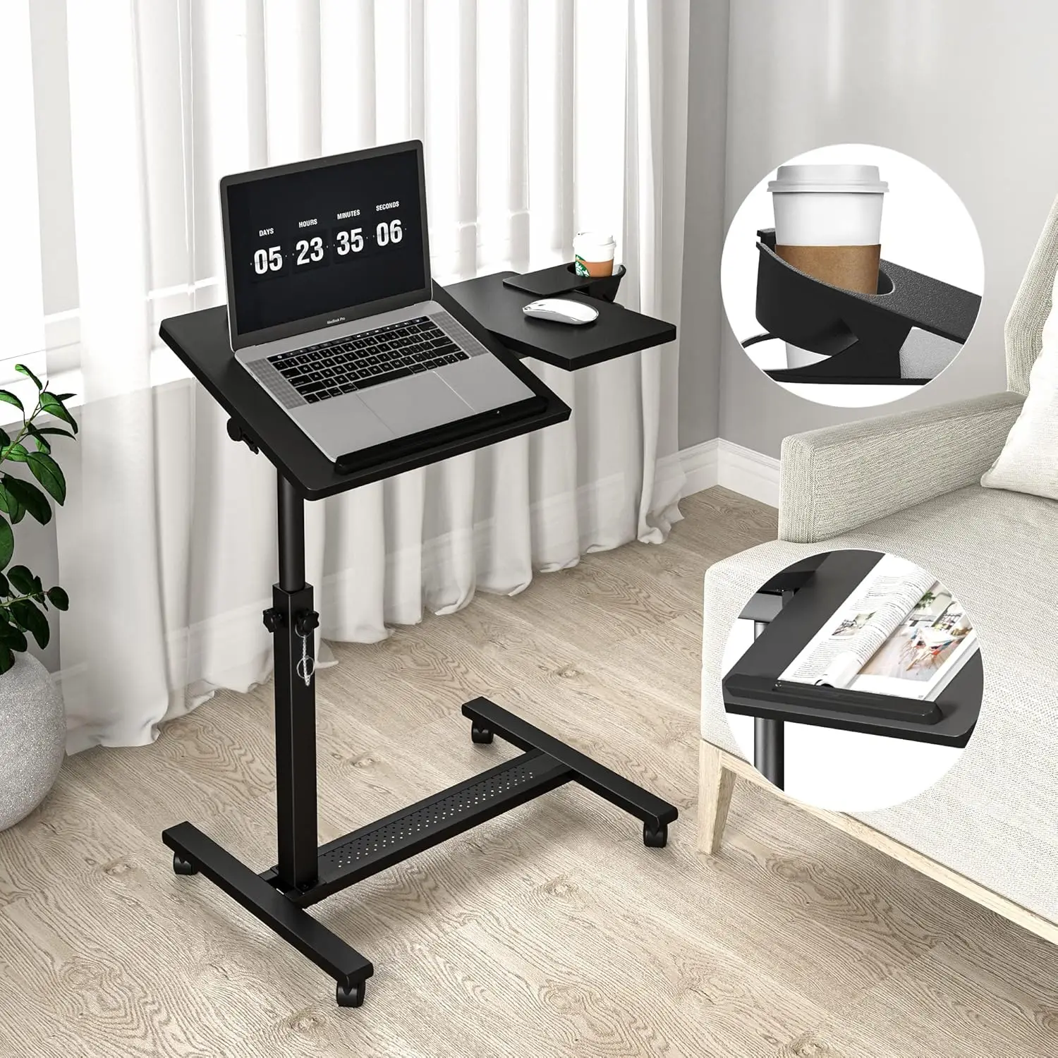 

Height Adjustable Rolling Laptop Stand, Overbed Table with 2 Tilting Desktops, Mobile Computer Workstation with Cup Holder