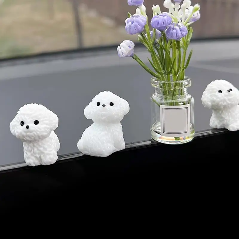 Miniature Dog Car Decor 4X Small Dog Figurine Dashboard Adhesive Decor Engraving Dog Animal Resin Ornament Automotive Road Trip