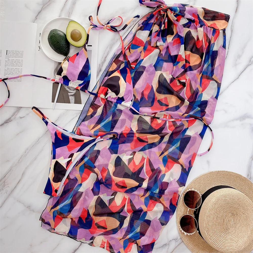 

Multicolor Print Bikini Triangle String Extreme Swimsuit Y2K Vacation Swimwear Bandage Cover Ups Women Bathing Suit Beach Outfit