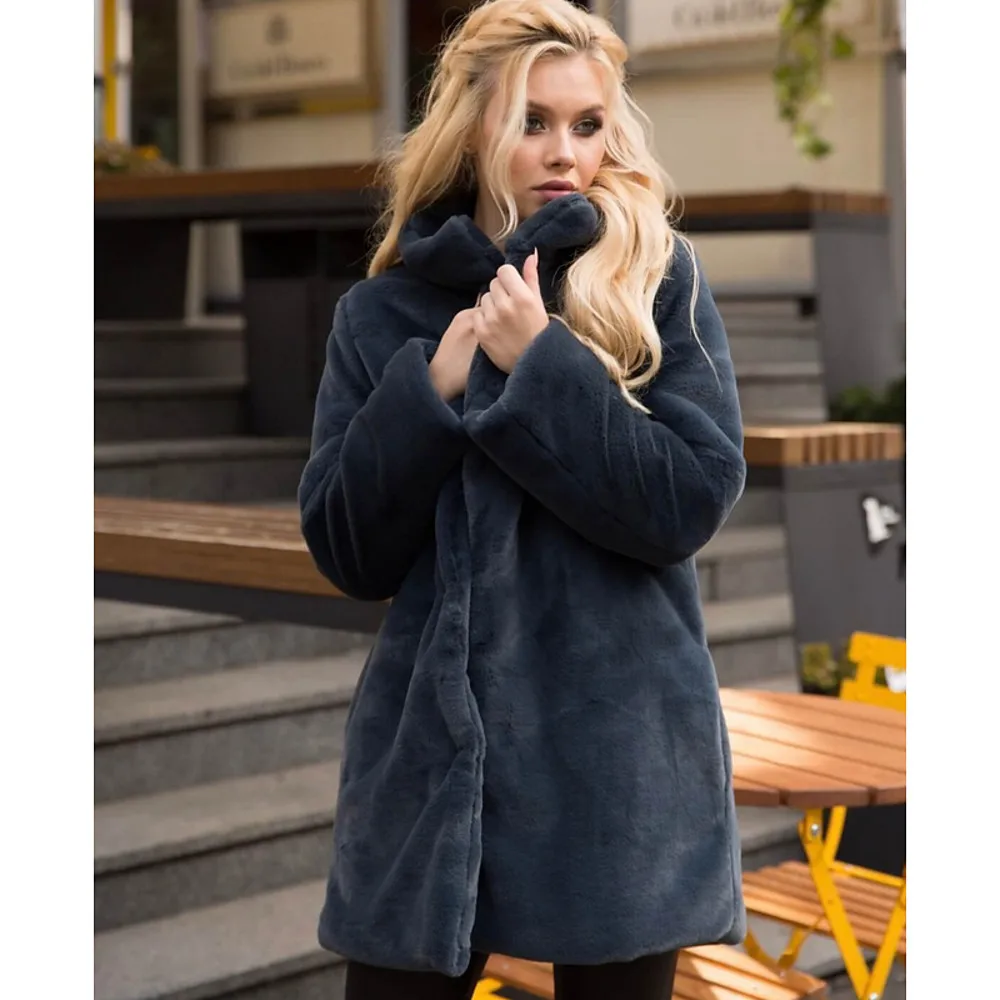 

Lady Eco Fur Coat Thick Warm Female Mink Fur Jacket Street Winter Women Faux Rabbit Fur Outwear Single Breasted Lapel Collar