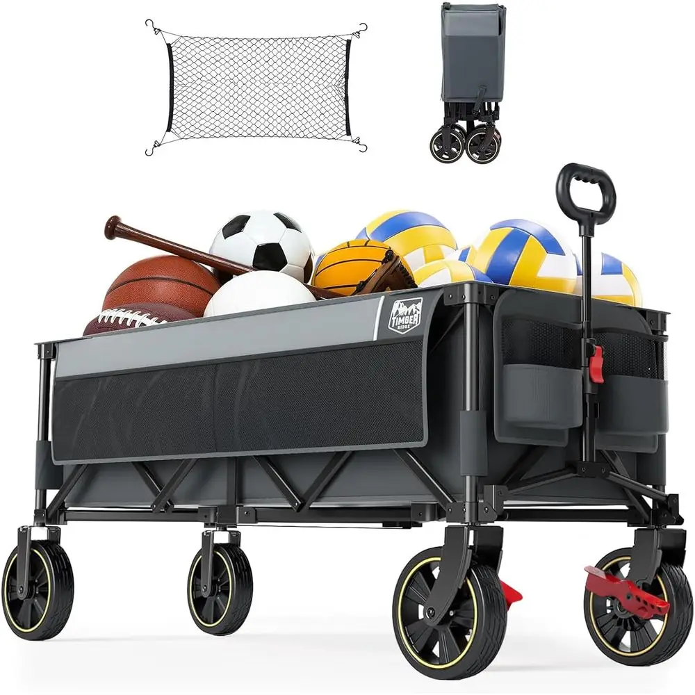 

Heavy-Duty 500LB Folding Utility Wagon with Adjustable Handle, 400L Capacity for Outdoor and Shopping - Grey