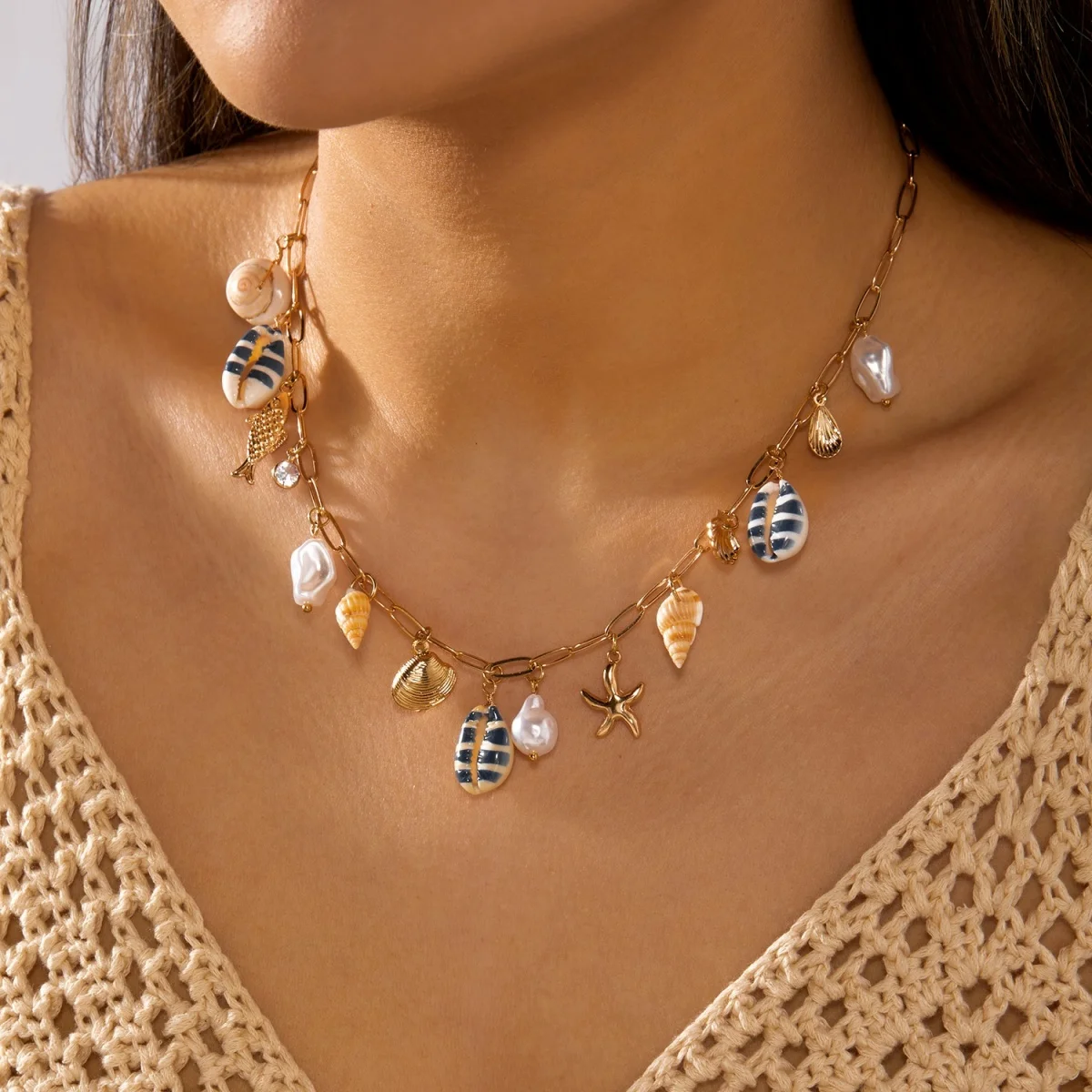 Sommerurlaub Muschel Seestern Conch Fisch Schildkröte Korallen Anhänger Halskette für Damen Herren Imitationsperlen Choker Ozean Strand Schmuck – Detail 12