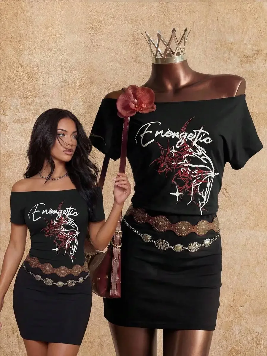 

Off Shoulder Graphic T-Shirt Dress Black With Red White Print Y2K Grunge Punk Streetwear