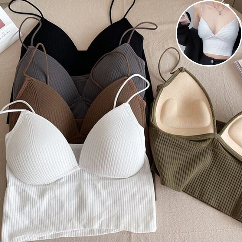 

Кроп-Топ женский с V-образным вырезом, пикантный облегающий топ с лямкой на шее, модная повседневная майка без рукавов, бюстгальтер с подушечками, на лето