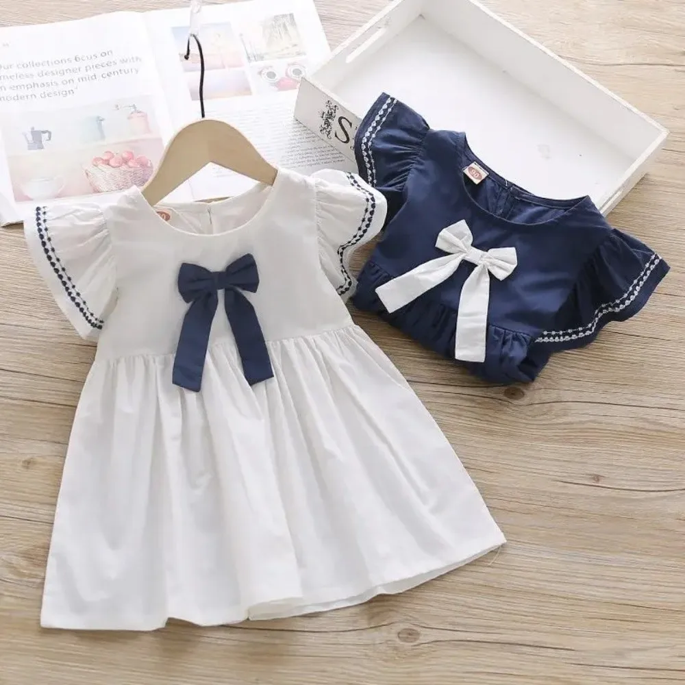 Fashion Cotton Baby Girls Dresses Bowknot Ruffle Breathable Kids Sundress Dresses Sleeveless Cute Sweet Costumes Birthday Party