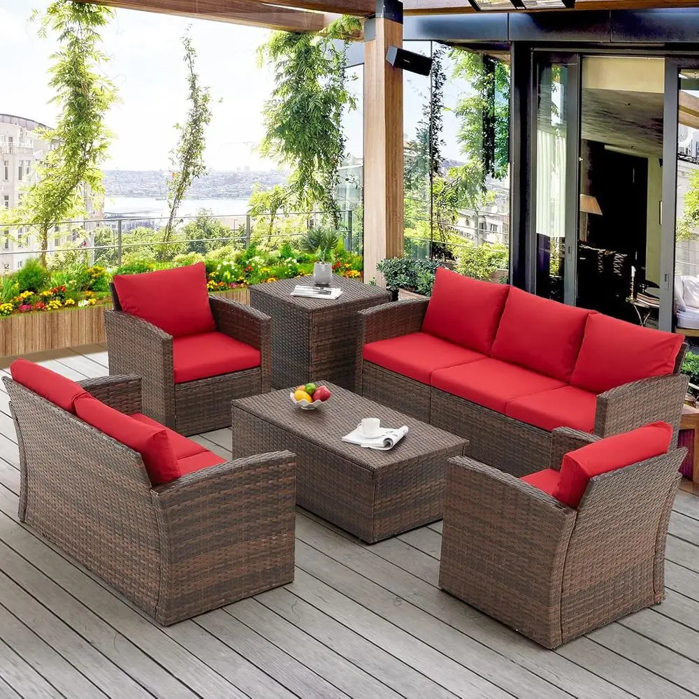 

All-Weather Wicker Patio Furniture Set with 2 Storage Boxes, Red Cushions & Brown Rattan for Outdoor Sectional Sofa in Garden or