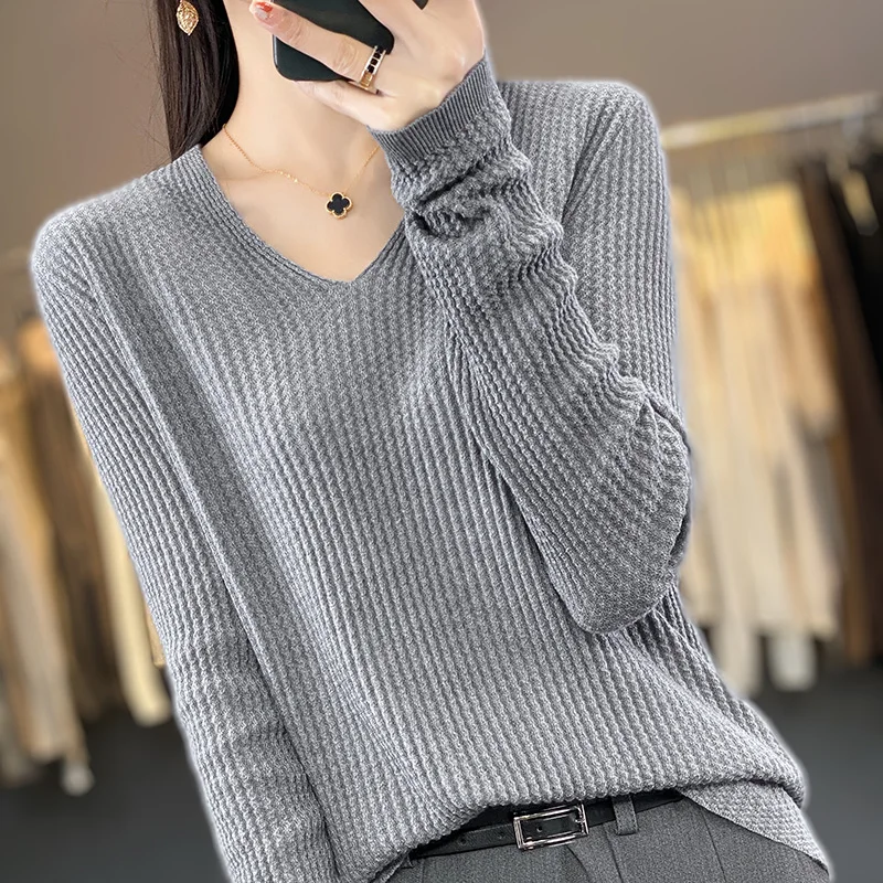 Women 100% Merino Wool Silk Sweater V-neck Folded Honeycomb Grid Pullover Spring Autumn Cashmere Casual Knit Warm Bottoming Tops