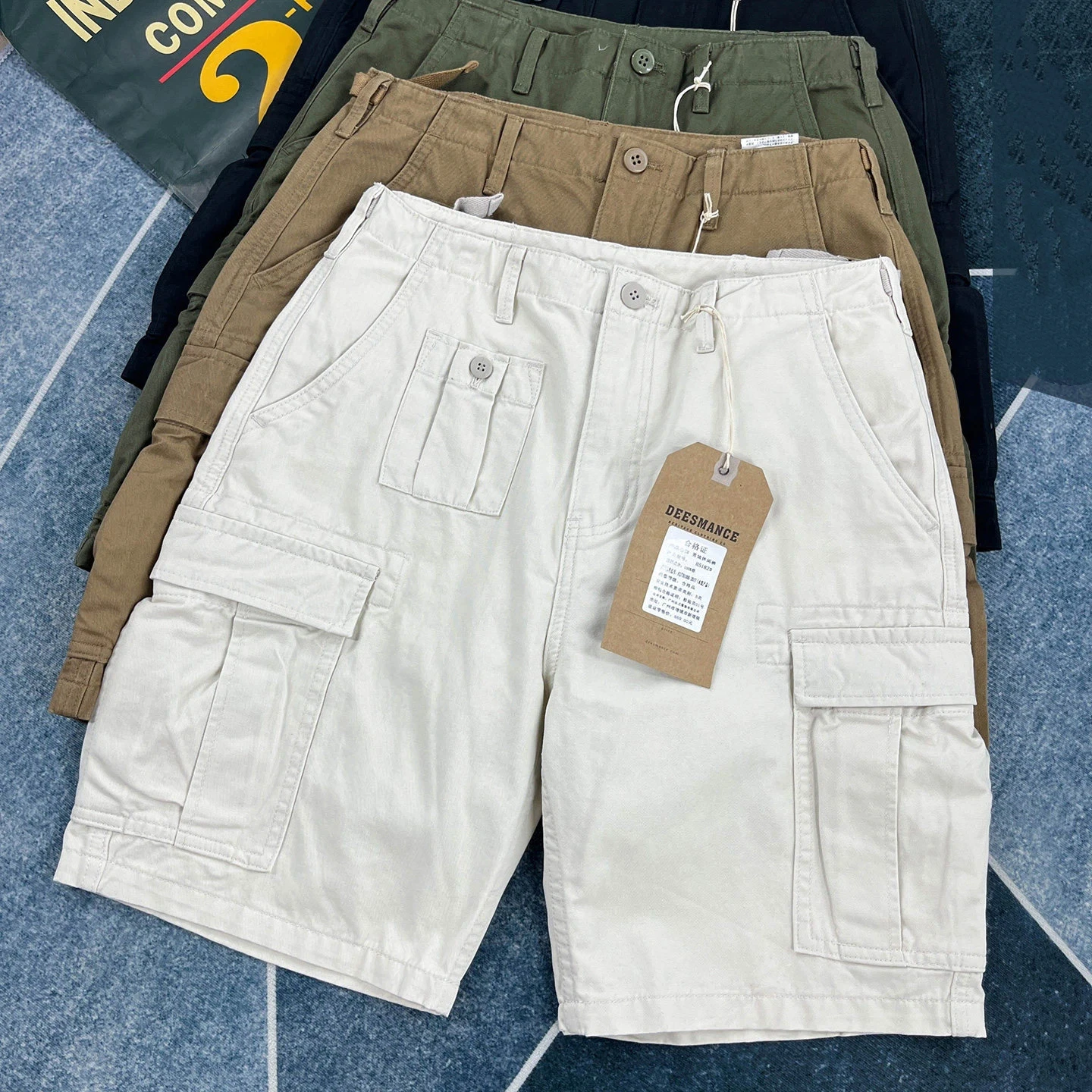 Summer New 100% Cotton Washed Woven Cargo Shorts for Men Multi-pocket Loose Straight 5-Point Pants American Retro Outdoor Trend