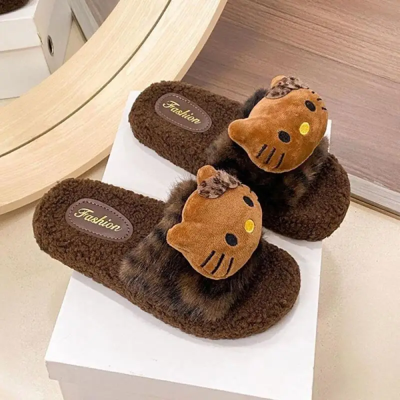 

Cute Women Plush Slippers Hello Kitty Girls Cartoon Kt Fur Slippers Autumn Winter Girls Student Warm Home Indoor Cotton Slippers