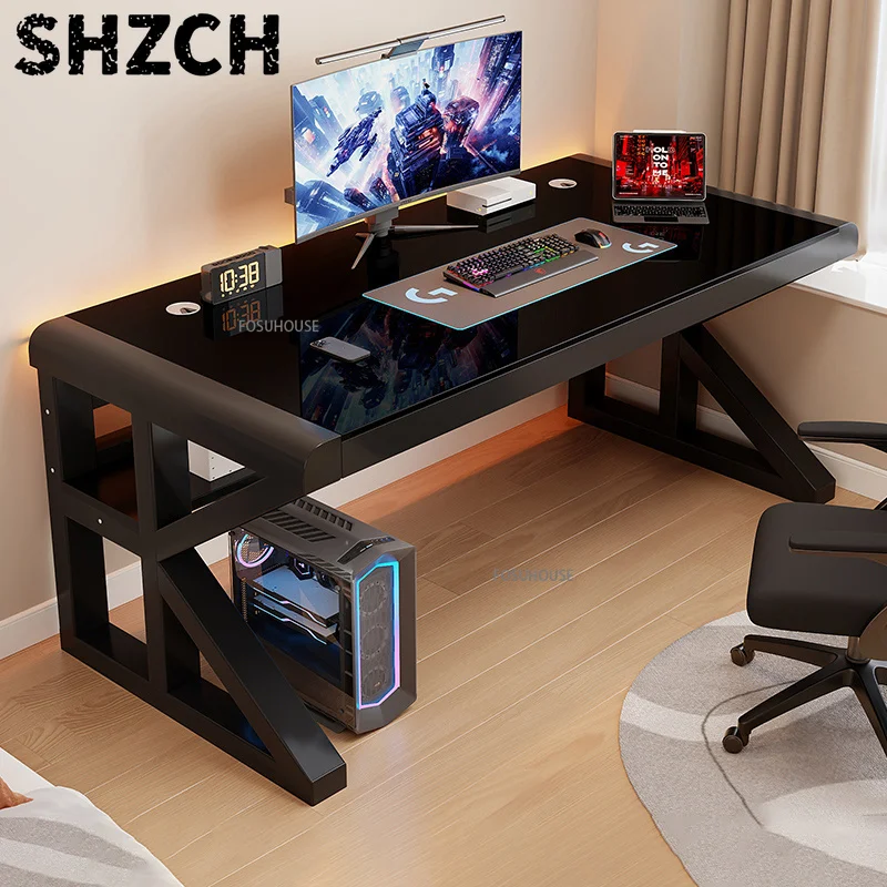 Modern Desktop Computer Table Home Bedroom Student Study Table Writing Desk Tempered Glass Workbench Desk Simple Gaming Table