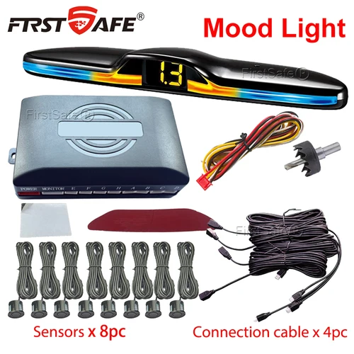 FirstSafe-Kit de Sensor de estacionamiento delantero y trasero, sistema de visualización de luz ambiental, Monitor de respaldo, asistente de Detector, Sensor de Radar 6 8
