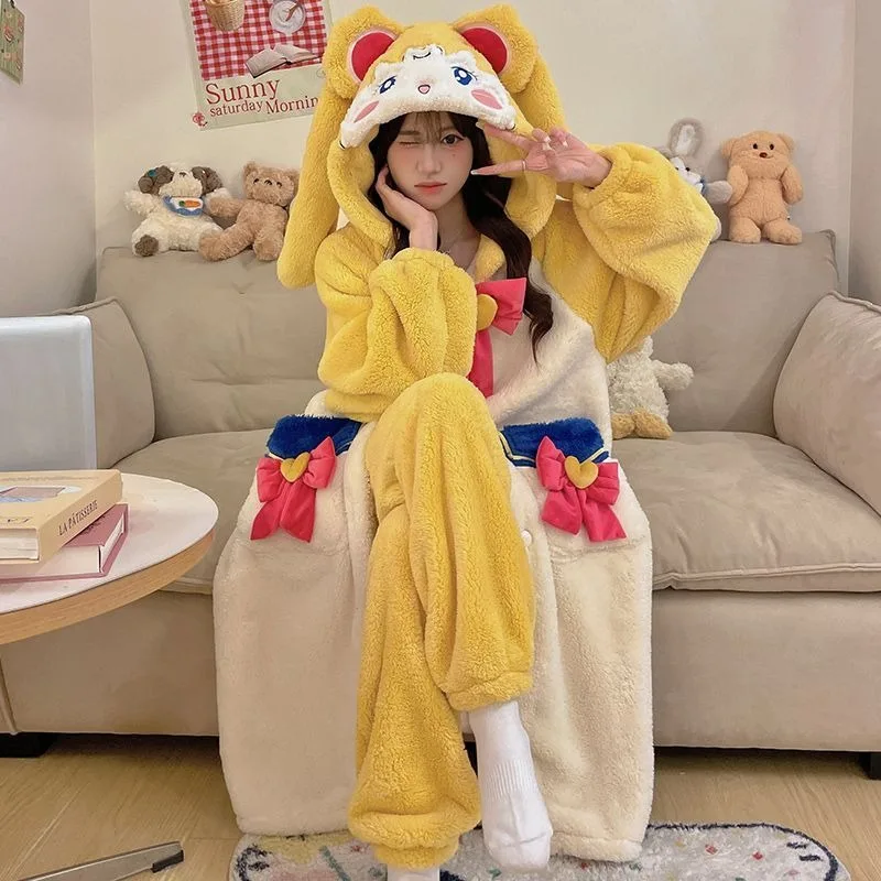 New Coral Fleece Nightgown for Women in Autumn and Winter Thickened and Velvet Cartoon Sailor Moon Cute Flannel Home Clothes Set