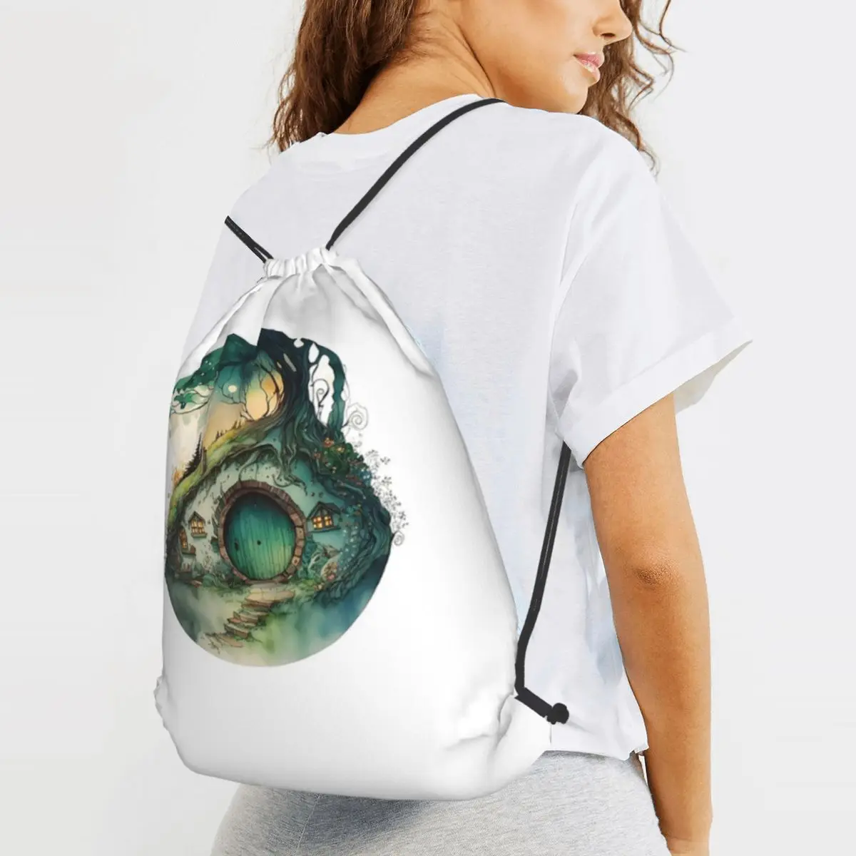 Round Doors In Watercolor And Ink Backpacks Fashion Drawstring Bags Shoes Bag Book Bags for Man Woman School