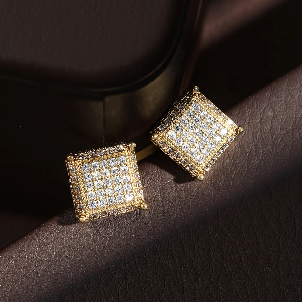 TrendMen Hiphop Rock Square Cubic Copper Zirconia Stud Earrings For Men Boy Gold Color Metal Crystal Earring Party Ear Jewelry