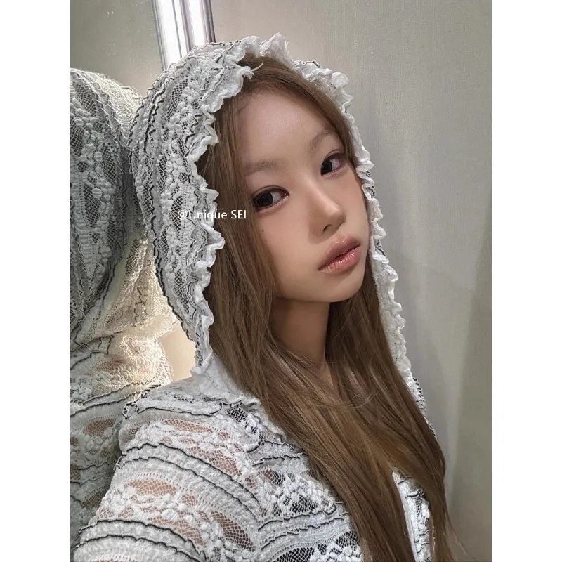 Vintage Hollow See Through Hooded Long-sleeved T-shirt Women 2025 Autumn New High Street Striped Zipper Casual White Lace Tops