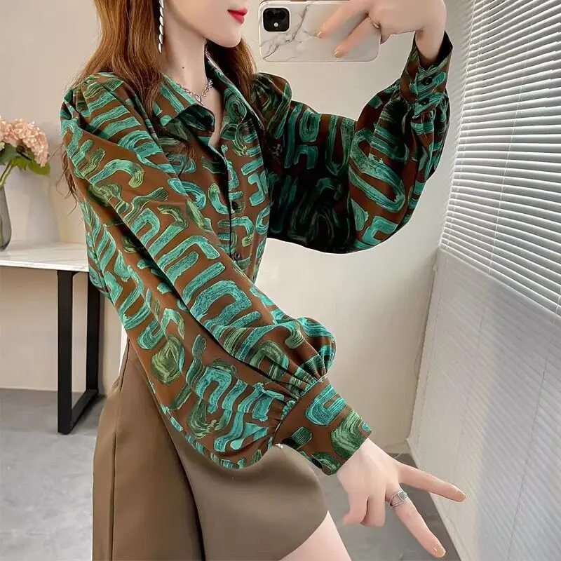 

Women's Long Sleeve Chiffon Blouse Fashion Printed Loose Turn Down Collar Niche Design Elegant Casual Shirt For Spring Autumn