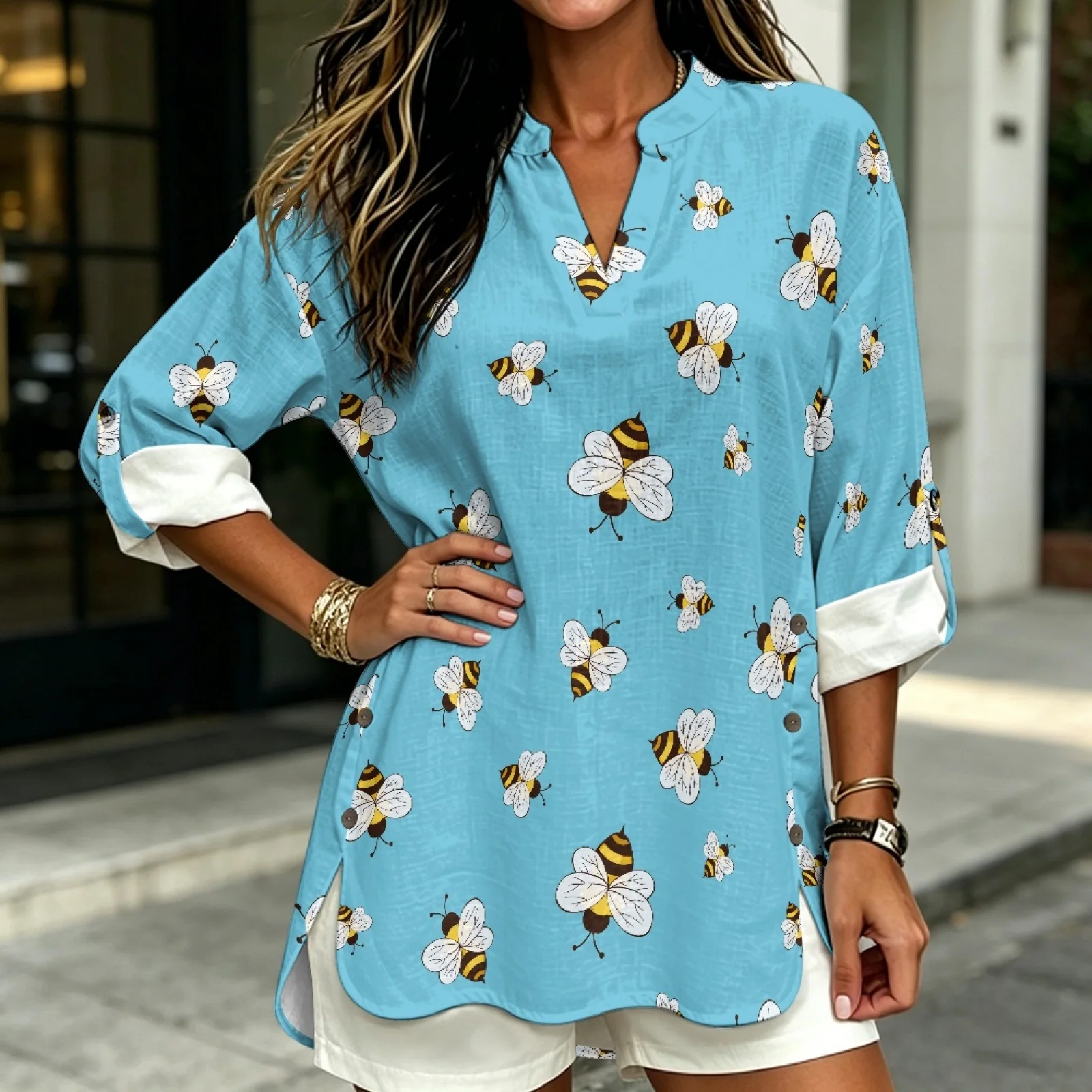PENSTROLL Bee Pattern Linen Like Casual Loose Fit Blouses Rolled Cuffed V Neck Tunic Blouses for Womens Sizes S-5XL