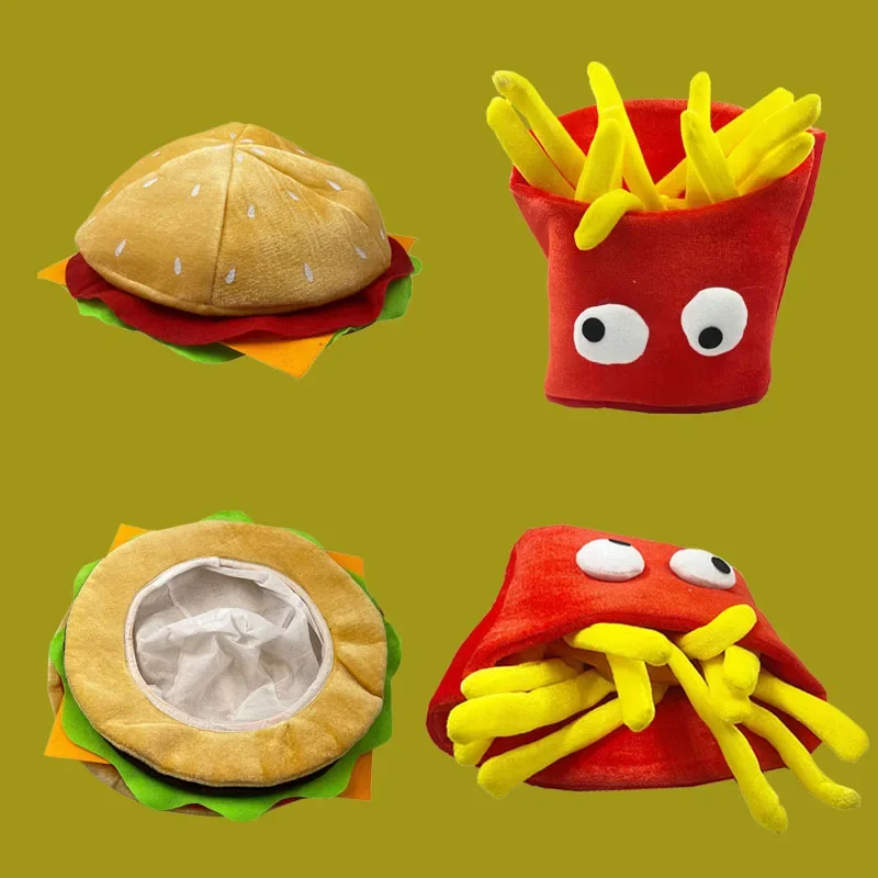 

2025 Chapeaux de hamburger et de frites amusants pour femmes et hommes, dessin animé pour adultes, garde au chaud, jouets en