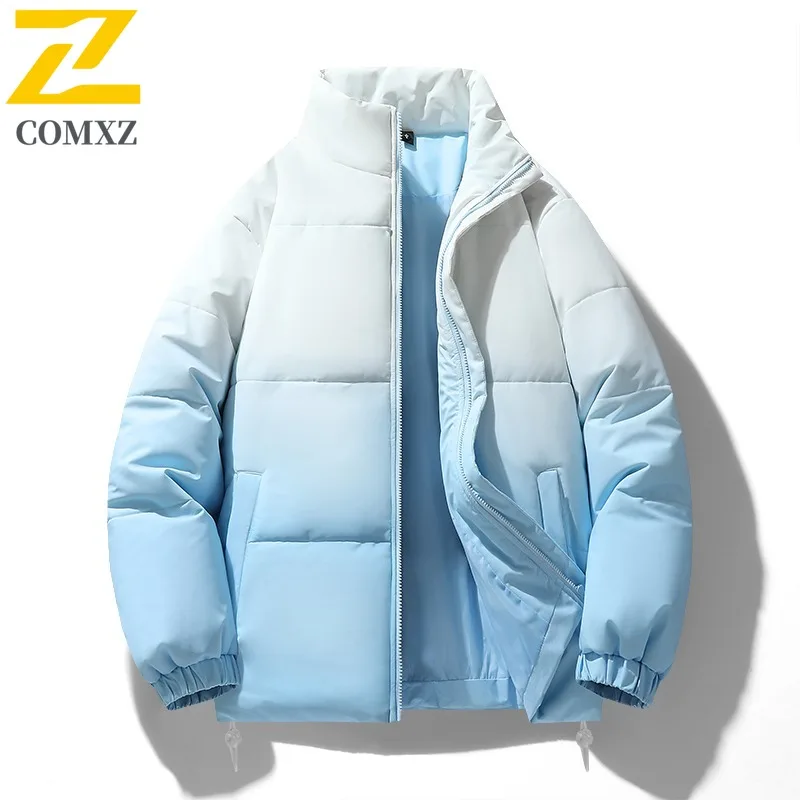 COMXZ New Winter Gradient Color Padded Thick Warm Cotton Coat Loose Unisex Stand Collar Quilted Jacket lightweight windbreaker