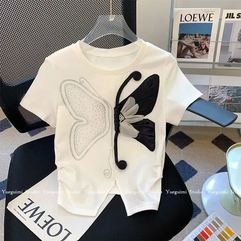 

Women's Elegant Three-dimensional Butterfly Pure Cotton Fashion T-Shirt Summer Vintage High Street Short Sleeve O-neck Tops