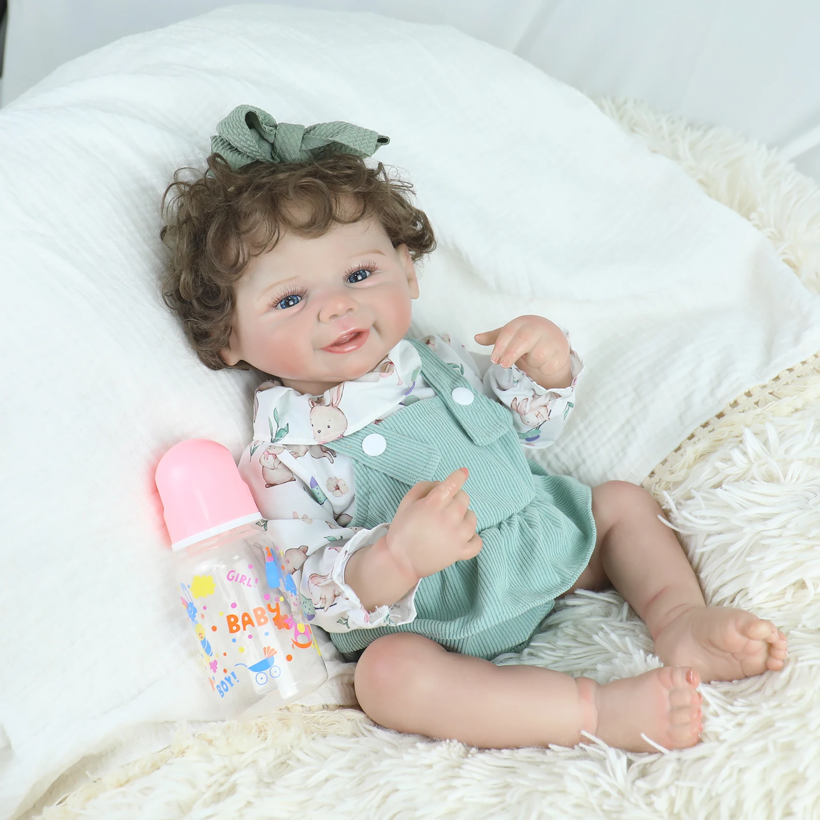 Lifereborn 18inch Newest Smiling Cute Finished Reborn Baby Silicone Soft Vinyl Body Doll with Hand Rooted Hair for Girl Toy Gift