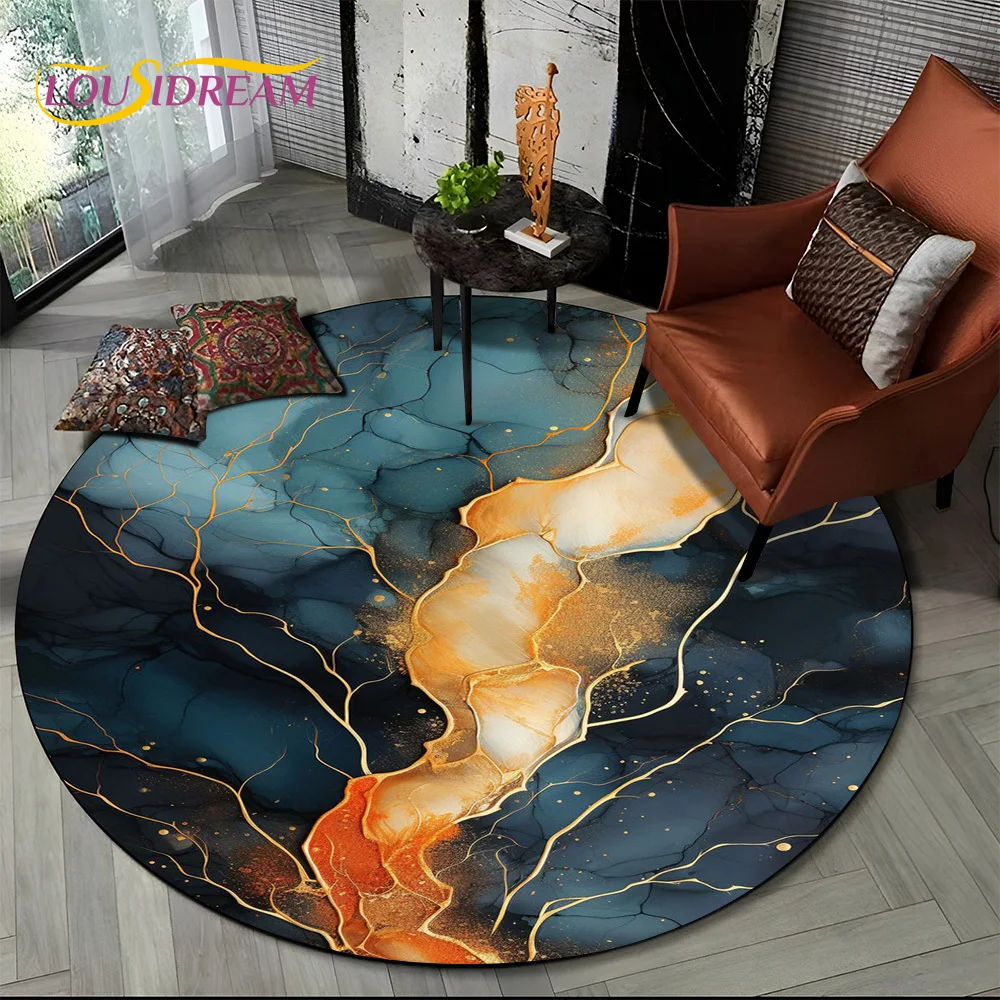 Tapis Rond Luxueux en Marbre de Couleur 3D, Vert, Bleu, Or, pour Salon, Chambre à Coucher, Décor de Chaise d\'Enfant, Zone pour Animaux de Compagnie,