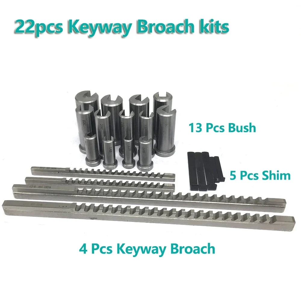 22 PCS Keyway Broach Kit 4mm 5mm 6mm 8mm Broach Push Type & 13pcs Bushs & 5pcs Shim HSS for CNC Broaching Metalworking Cutting