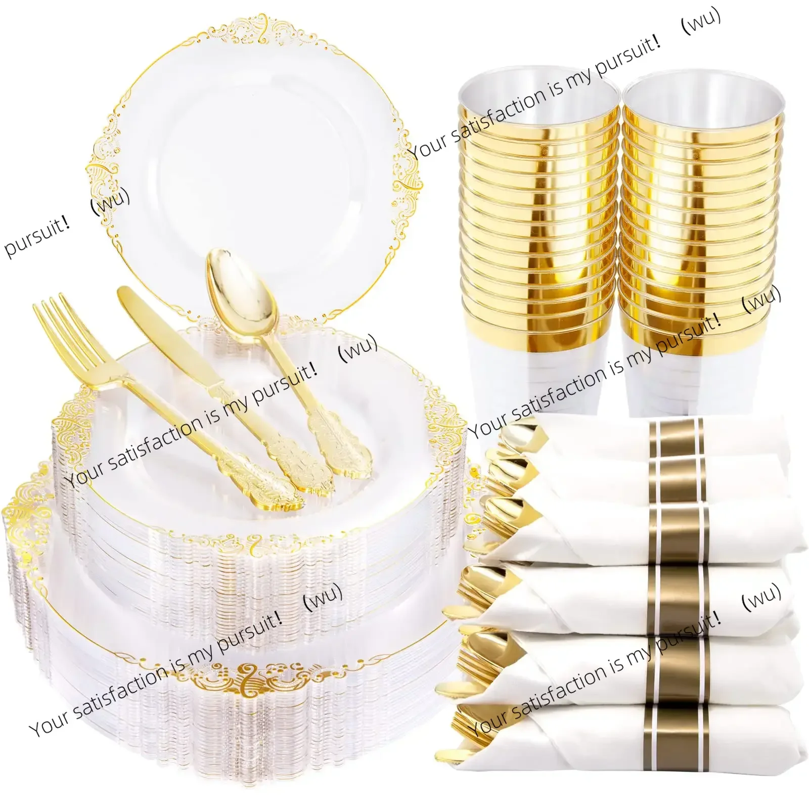 

60pcs golden plastic plates included 10 dessert plates cups forks knives 10 spoons suitable for 10 guests