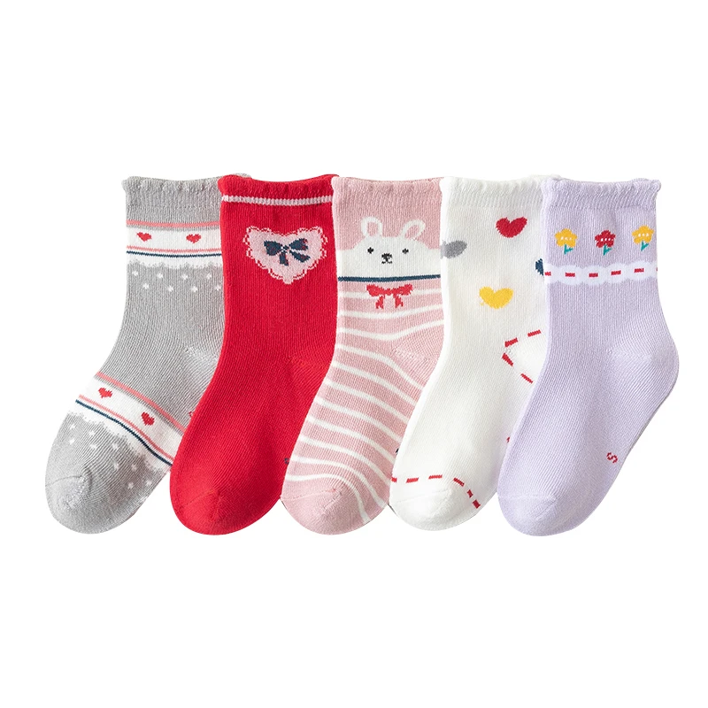 Kids Girls Socks 5 Pairs Set Spring Autumn Cotton Cute Pattern Printed Children Little Girl Medium Stocking Clothing Accessories