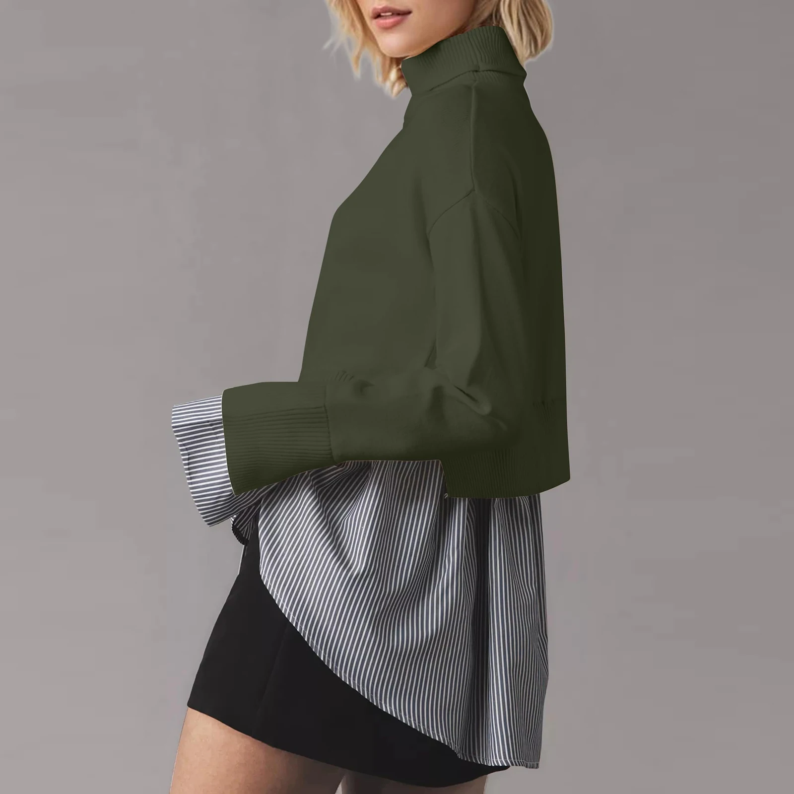 

Women'S Patchwork Style Knitted Sweater Mid Length High Neck Long Sleeved Irregular Hem Top Ropa De Mujer Top Mujer 2025 Hot