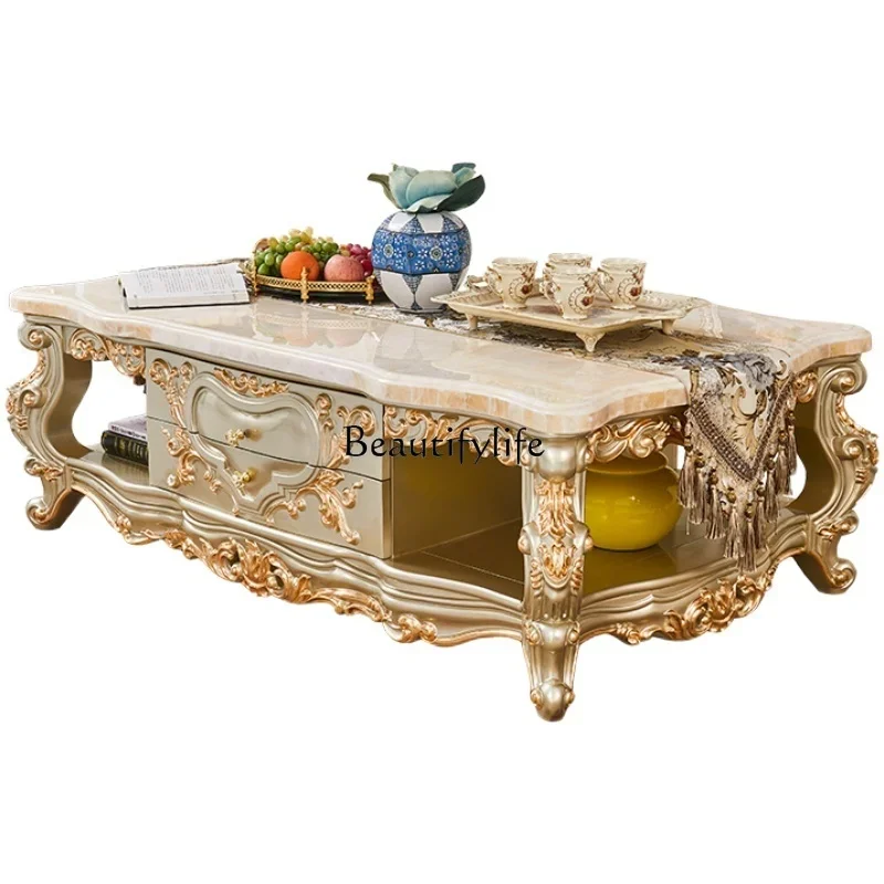 

European style full solid wood carving flower coffee table luxury villa with drawer storage marble tea table