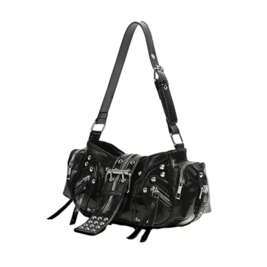

MakeMeChic Women's Rivet Shoulder Bag PU Leather Buckle Y2K Punk Vintage Tote Bag Handbags