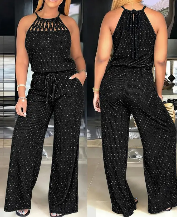 Jumpsuit Women New Rhinestone Halter Tie Casual Hollow Out Wide Leg Overalls Sparkling Drawstring Waist Jumpsuit with Pockets