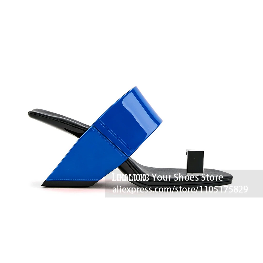 Avant Garde Geometric Sculptural Heel Mules Square Toe Ring Slippers Patent Leather Designer Summer Party Evening Dress Footwear view 6