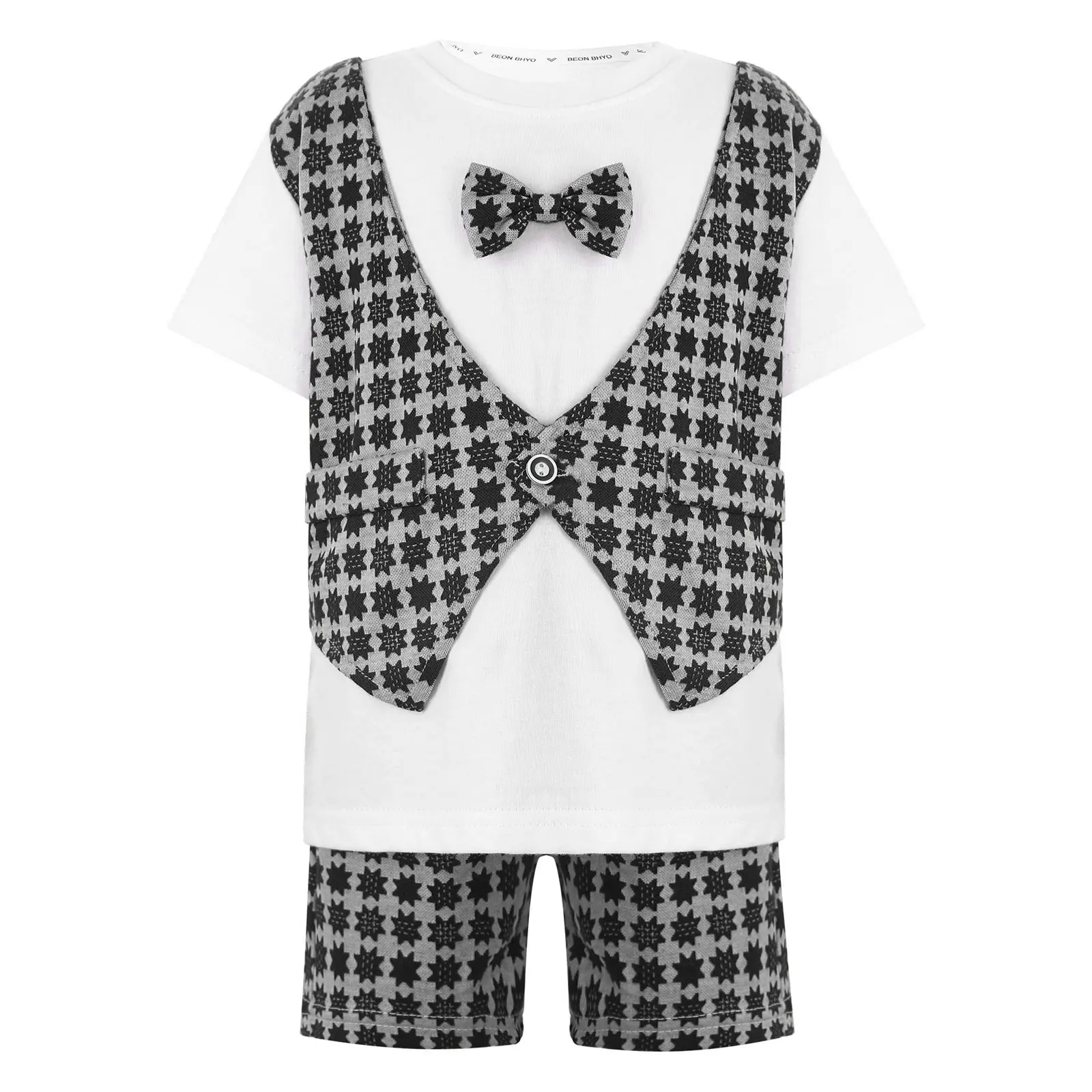 

Toddler Boys Summer Gentleman Suit Short Sleeve Bow Tie T-shirt Fake Vest Wit Casual Shorts Kids Birthday Party Clothes Set