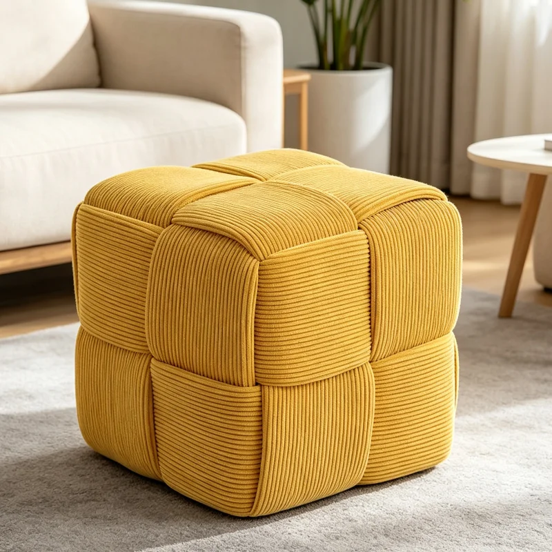 Cube Ottoman With Corduroy Texture Lemon Yellow Fabric For Living Room Bedroom Entryway Extra Seating And Footrest Solution