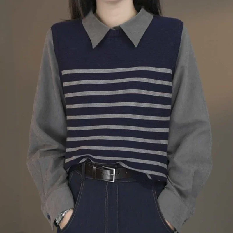 

Autumn Winter New Lapel Fake Two-piece Long Sleeved Women's Top Fashionable Splicing Casual Temperament Striped Shirt for Women