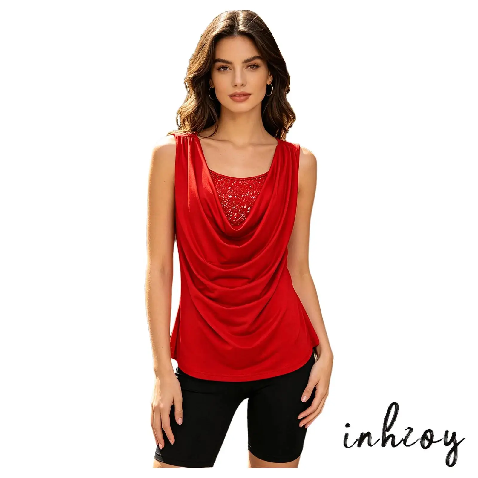 Cowl Neck Metallic Tank Top for Women Sleeveless Printed Draped Ruched Stretchy Vest Blouse for Office Work Dance Party