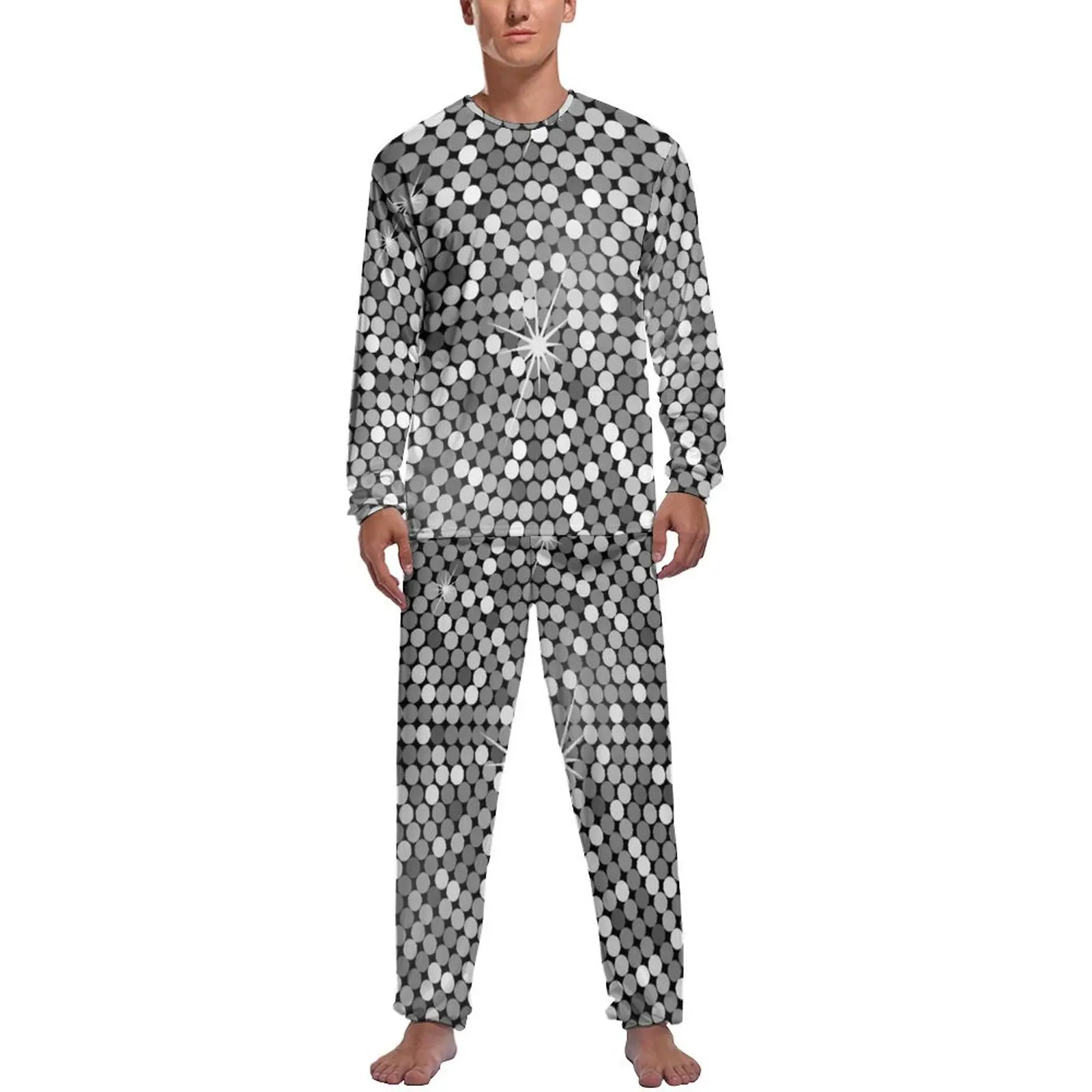 Silver Metallic Print Pajamas Daily Crystal Disco Ball Aesthetic Nightwear Male 2 Pieces Custom Long Sleeves Trendy Pajamas Set