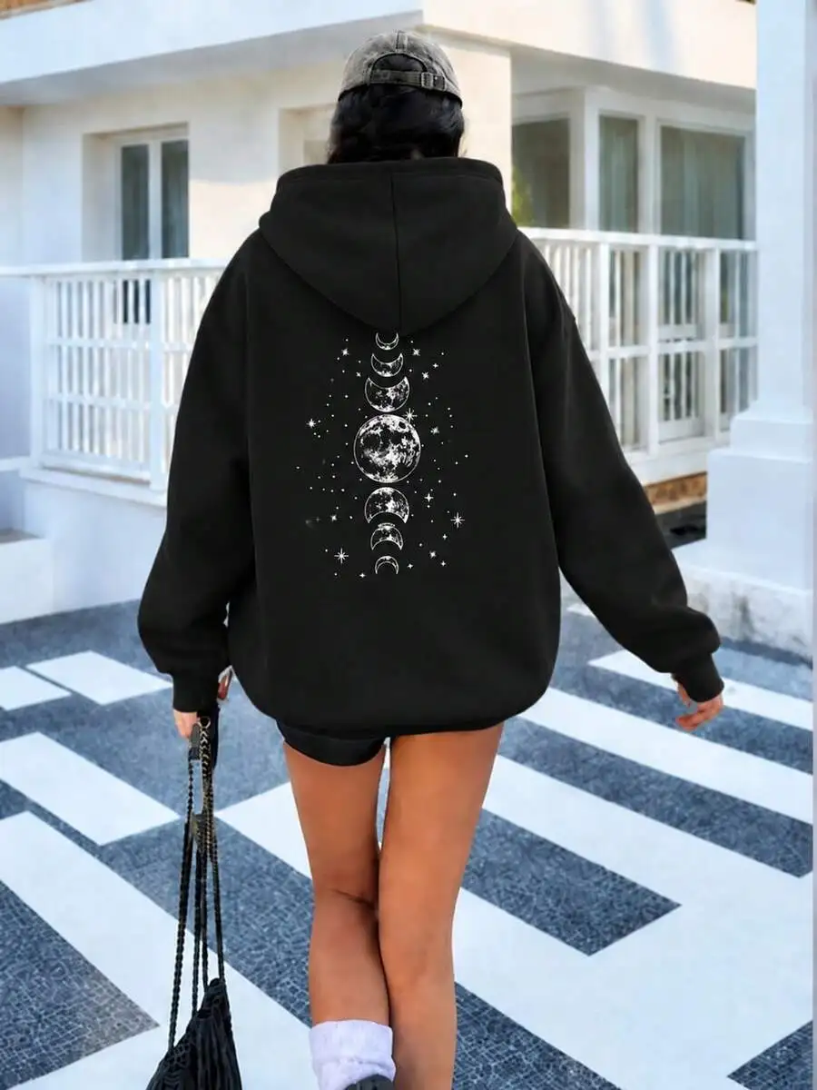 Women's Simple Moon Printed Hooded Drawstring Sweatshirt Pink And Black,Autumn,Casual,School Pullover Fall GraduationKeep Warm Against The Cold