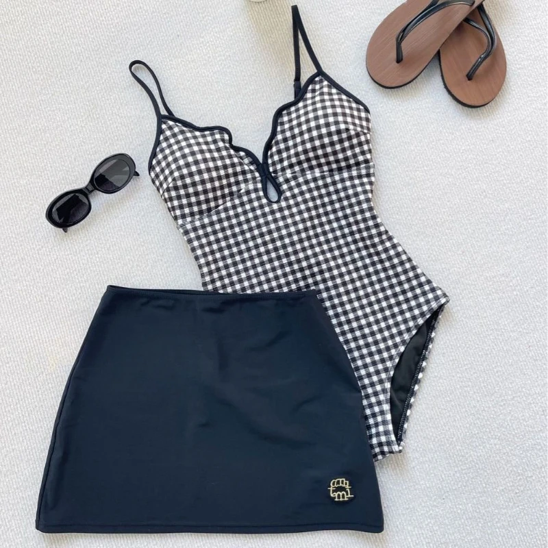 Korean Vintage Plaid One-piece Swimsuit Women Sexy Backless Halter Swimwear with Beach Mini Skirt 2pc Girls Holiday Bathing Suit