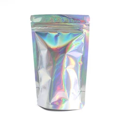 Various Sizes 100pcs Silver Aluminum Foil Self Seal Stand Up Zip Lock Bags Holographic Laser Cosmetic Zipper Package Bag