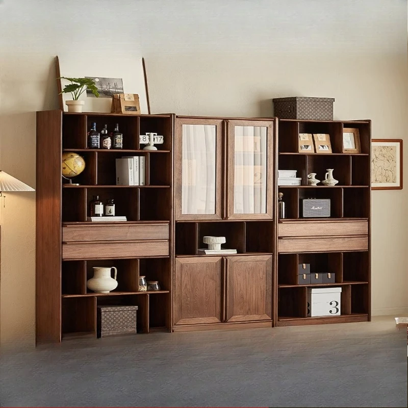Black walnut bookcase, home living room with glass door, open storage compartment, solid wood shelf, floor to ceiling